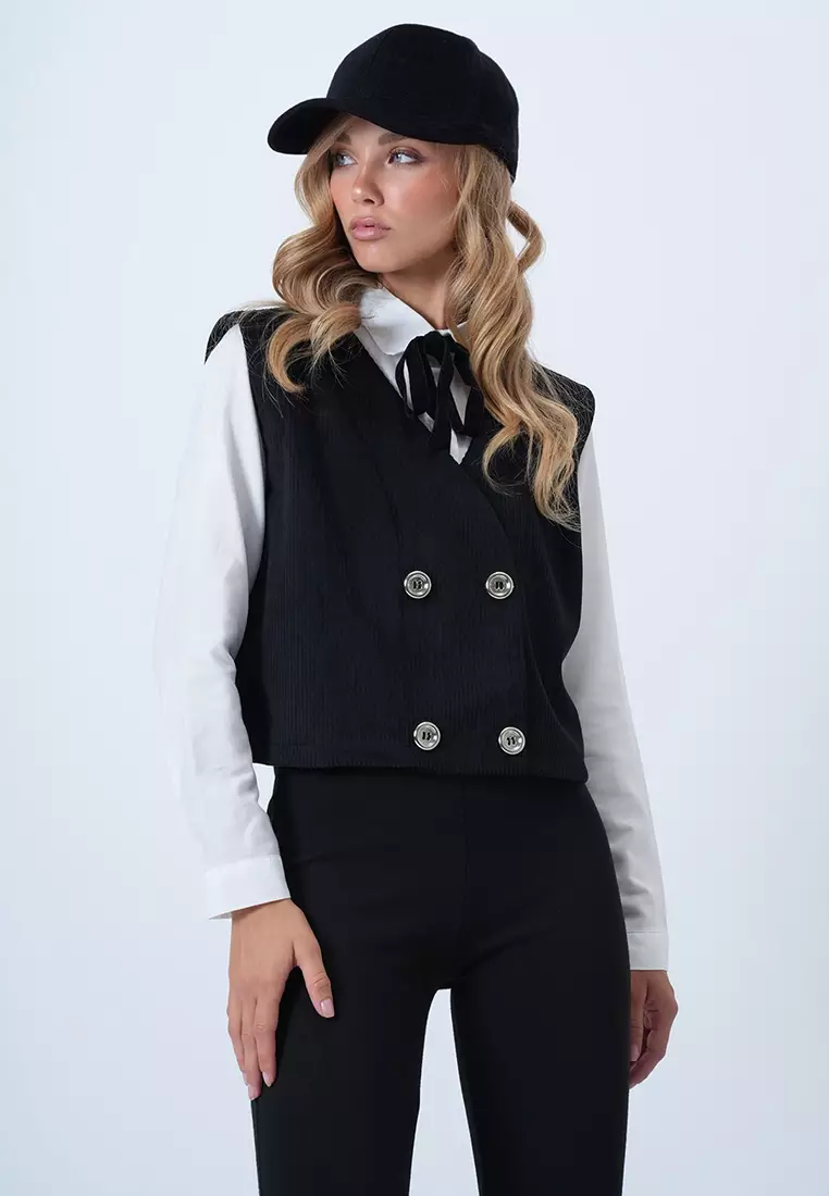 Double-Breasted Velvet Vest with Metal Buttons