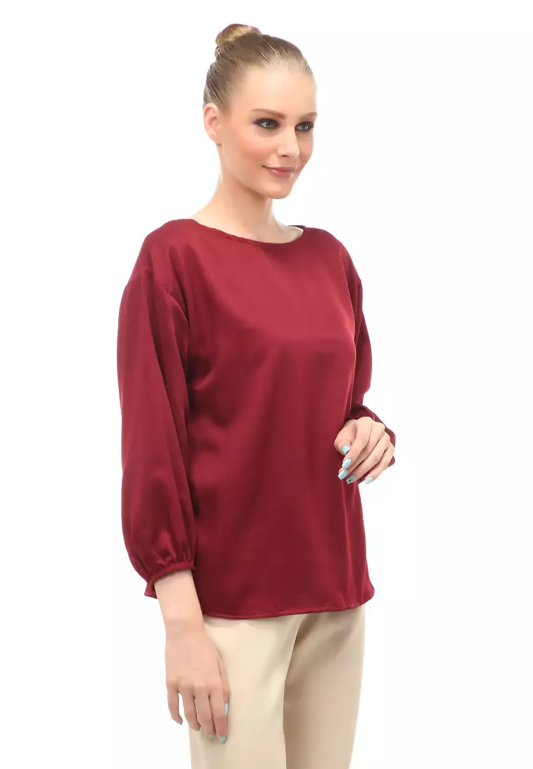 Blouse Lengan Balon Motif Solid Design Simple Regular Fit - Maroon