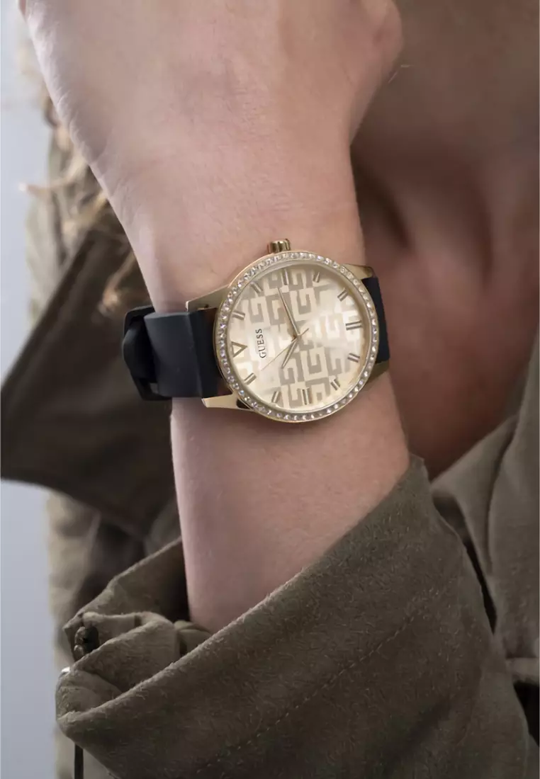 Guess GW0355L1 - Jam Tangan Analog Wanita - Gold - Black Rubber Strap