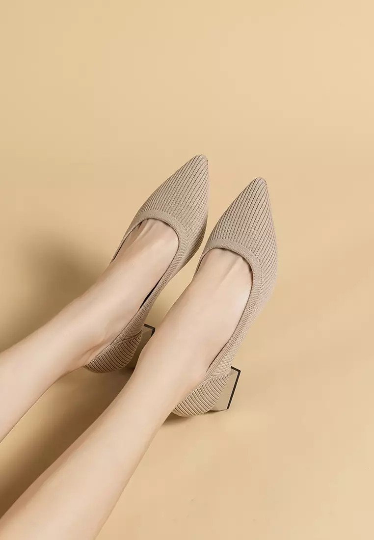 4CM ‌Pointed-toe Fly Knit‌ Chunky Heels‌ TJ1508