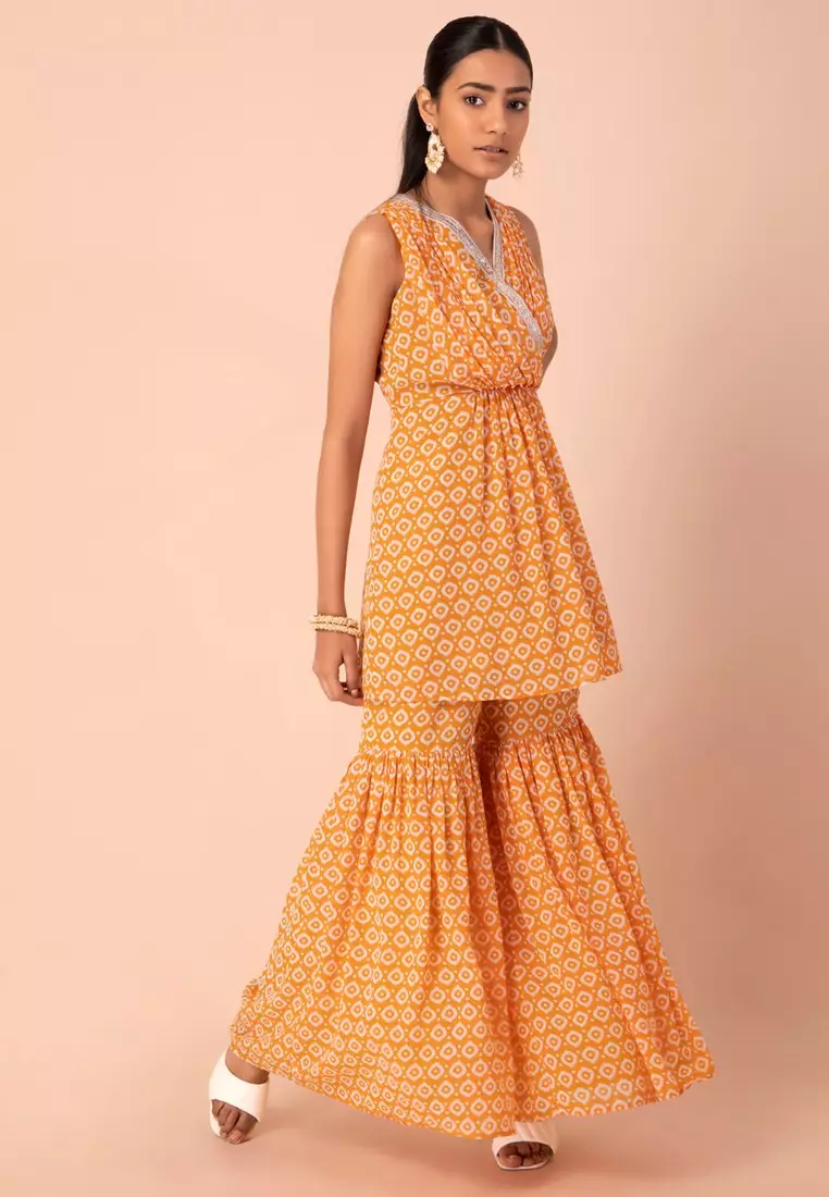 Yellow Ikat Printed Pleated Sharara Pants