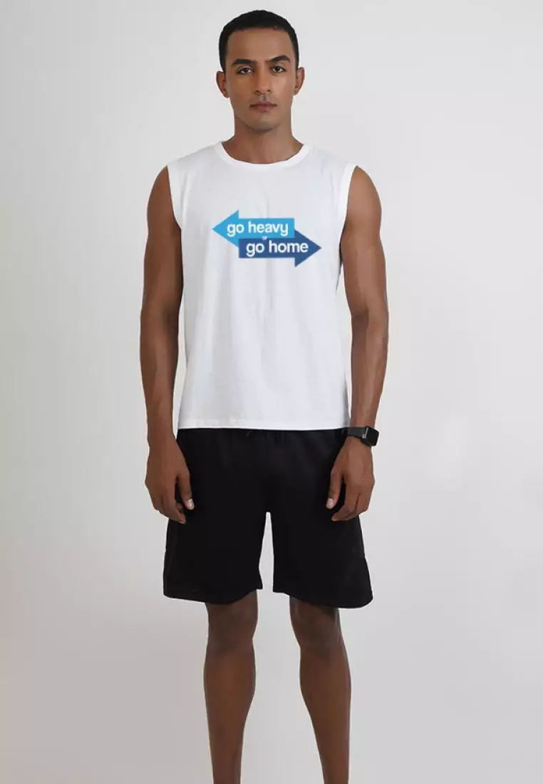 Go Heavy 图案印花白色棉质无袖健身/训练背心