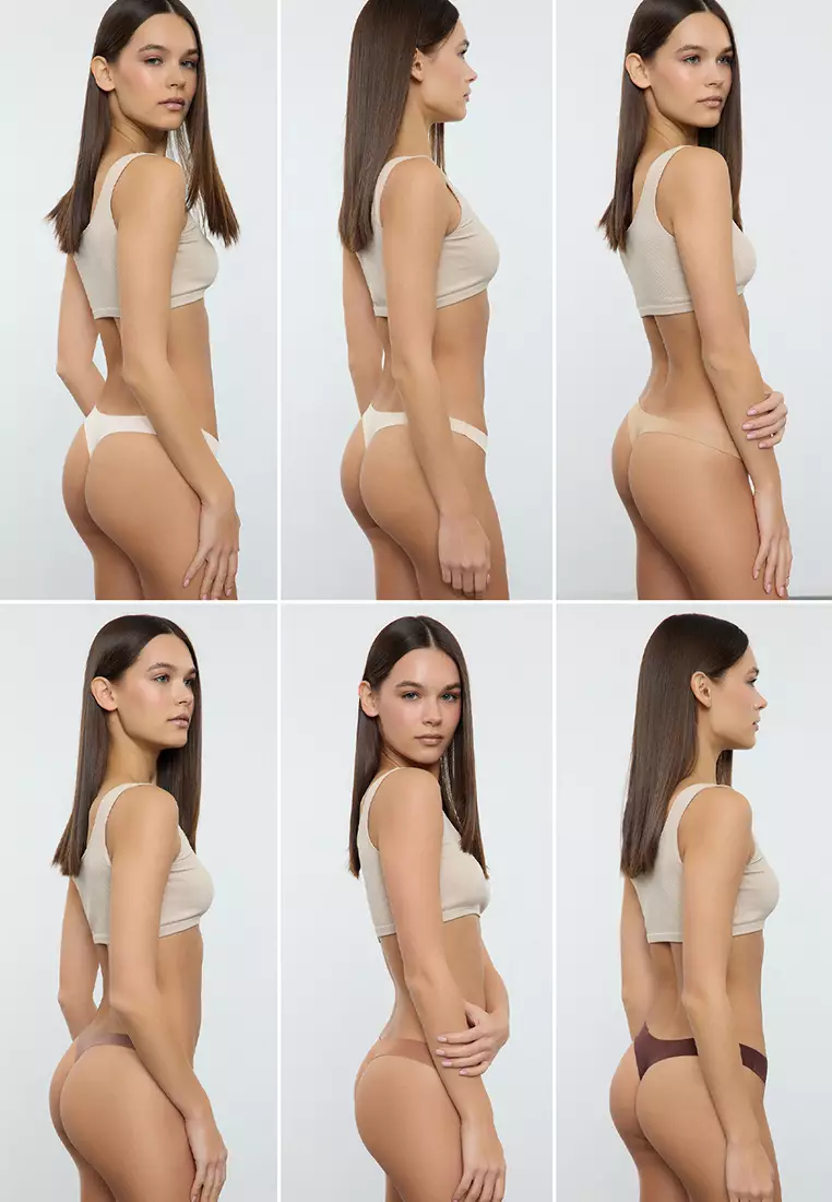 Brown-Multi Colorful 6-Pack Micro Seamless/Non-Trace Laser Cut Thong Knitted Panties