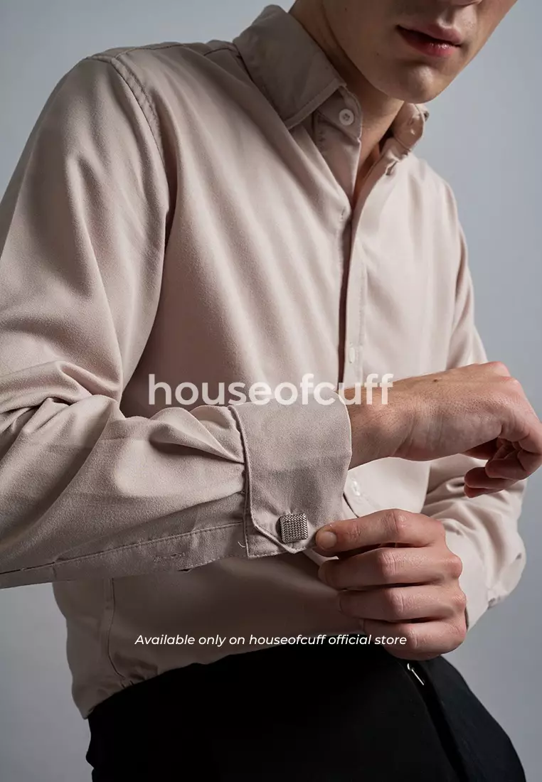 Houseofcuff Kemeja Kerja Formal Pria Model French Cuff / Double Cuff Dengan Cufflinks Warna Krem ( Incl.Collar Stay + Cufflinks )