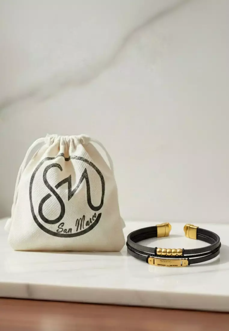 Aksesoris Gelang Pria Accessories Pria Crown Charm Leather Bracelet Gelang Pria Black & Gold
