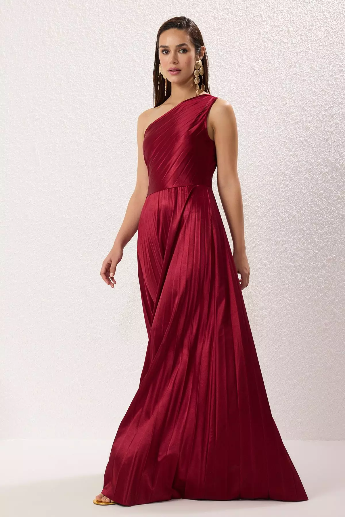 Burgundy Plain Skirt Opening at Waist Pleated Knitted Satin Maxi Evening Night Graduation Dress TPRSS25AE00161