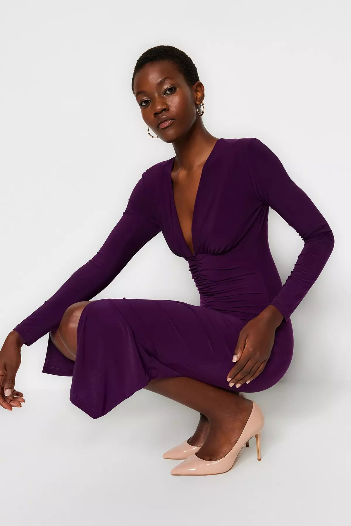 Plum Draped V Neck Fitted Flexible Midi Knitted Dress