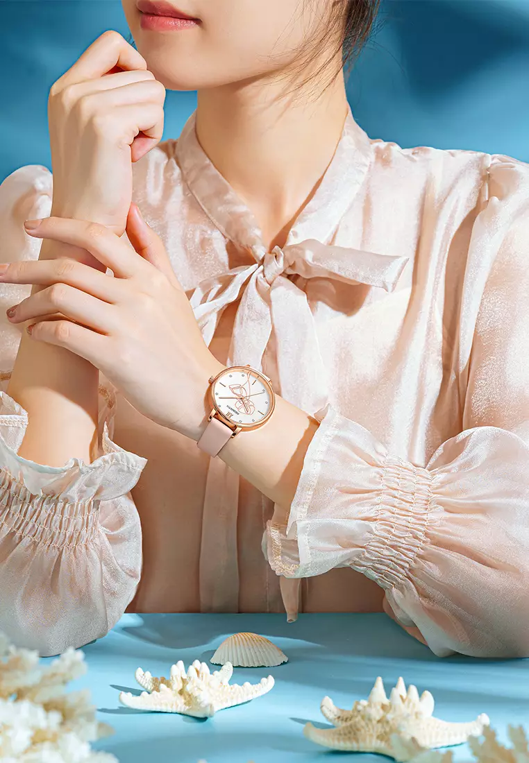 Jam Tangan Wanita Anggun Tali Kulit Display Kuarsa Tahan Air Jam Wanita Mode Jam Tangan Cewek pinkflower