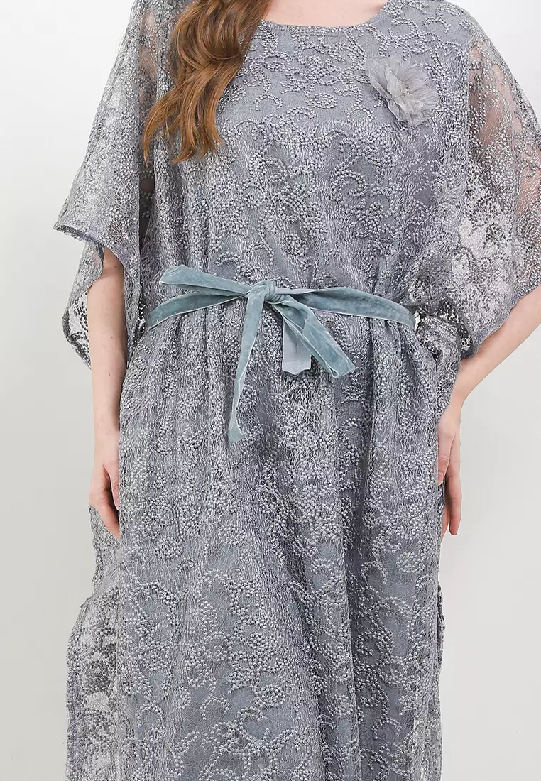 Belted Emb Tulle Batwing Kaftan W/ Corsage