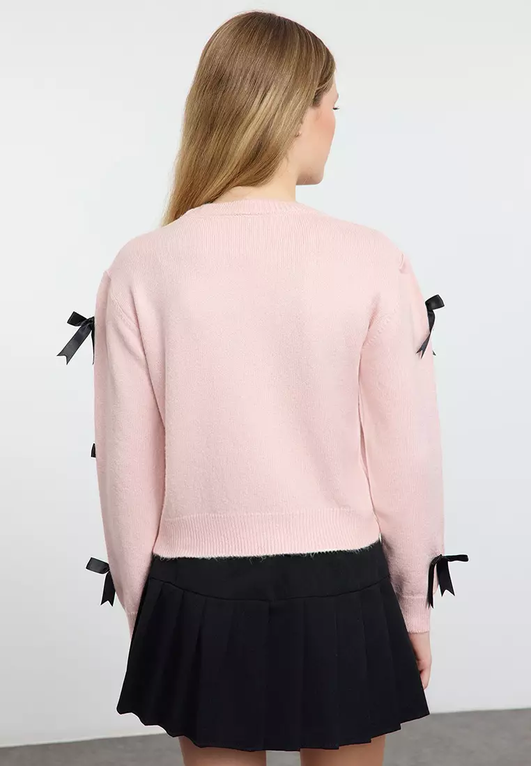 Pink Soft Textured Ribbon/Bow Detailed Knitwear Sweater TWOAW25KZ00155