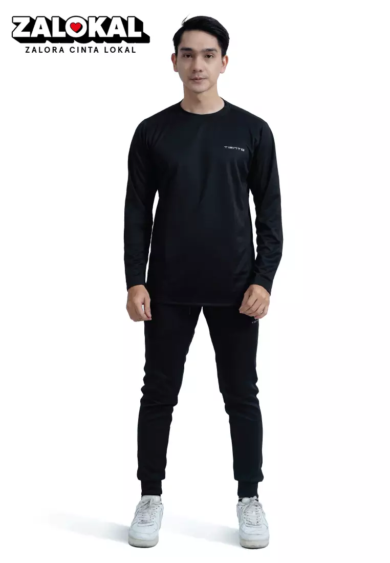 Tiento Setelan Olahraga Kaos Lari Dry Fit Lengan Panjang Black Baju Running Tiento Celana Jogger Panjang Long Pants Joger Basic Sporty Black