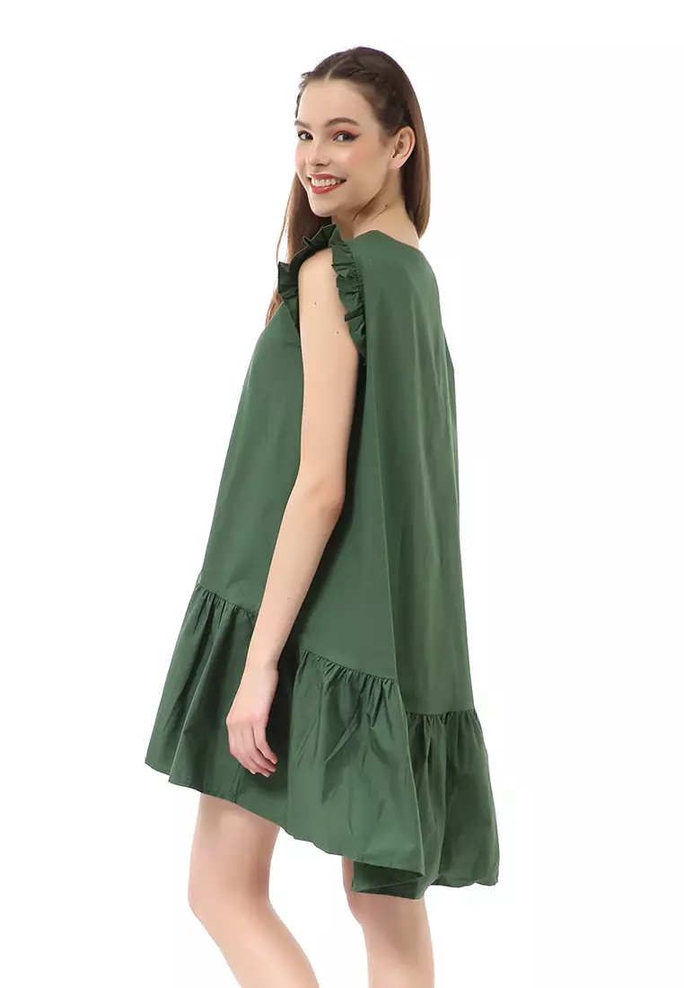 Rachel Mini Dress Ruffle Wanita Lengan Pendek Motif Polos Material Cotton ORIGINAL - Forest Green