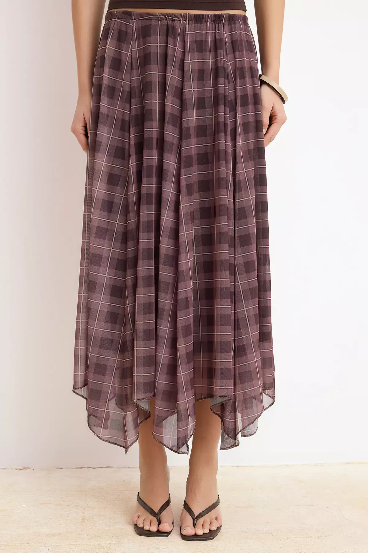 Multicolor Plaid Skater Normal Waist Midi Tulle Knitted Skirt Twoss26Et151