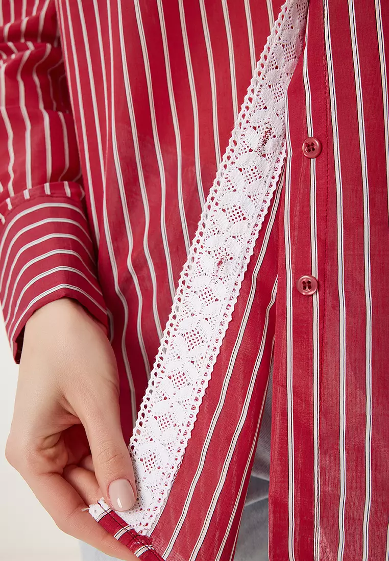 Women's Burgundy Lace Detailed Striped Oversize Shirt Rv00210