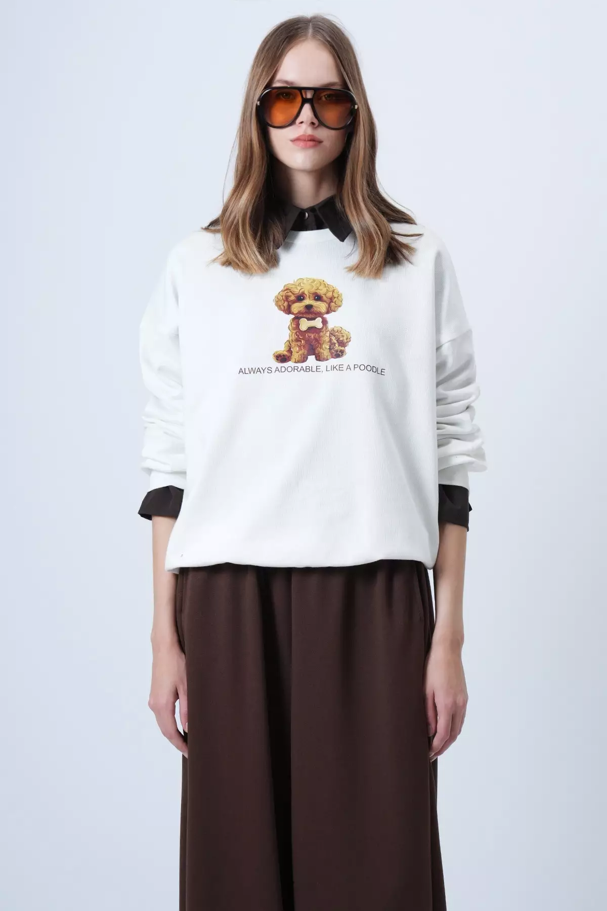 Women'S Ecru Front Printed Oversize Cotton Sweatshirt Alc-X14651