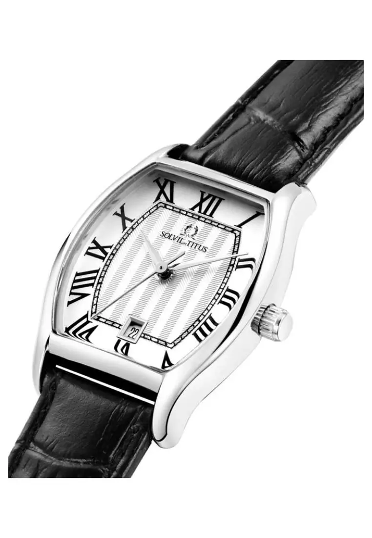 White dial black leather strap watch 2025