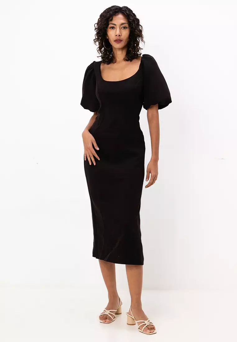 Buy ASOS Design Puff Sleeve Midi Dress With Asymmetric Neck Line