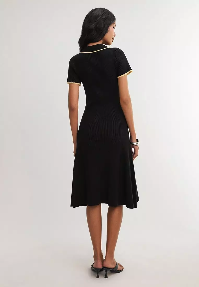 Collared Button Front Knit Midi Dress - Black