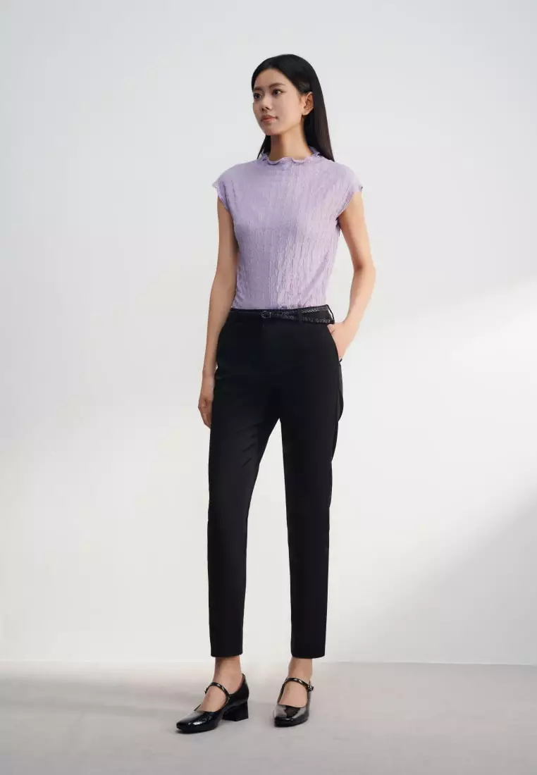 Cotton Blend Spandex Satin Ankle Skinny Pants With Belt
