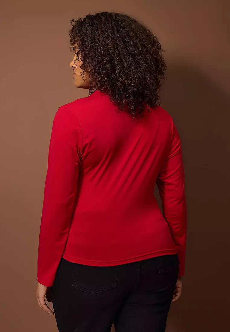 Red Sandy Ruched Detail Long Arm Knitted Large Size Blouse Tbbaw26Af00104