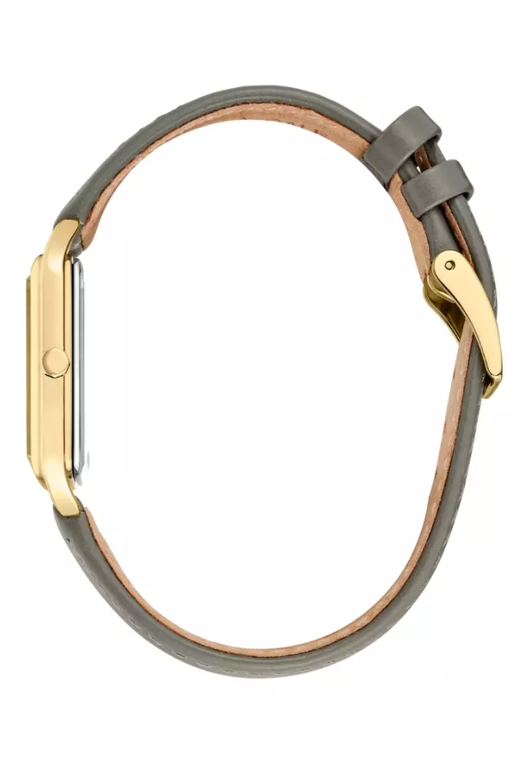 Seiko Lady Essentials Collection Square Case Champagne Dial Gray Leather Band Quartz Watch SWR090P1