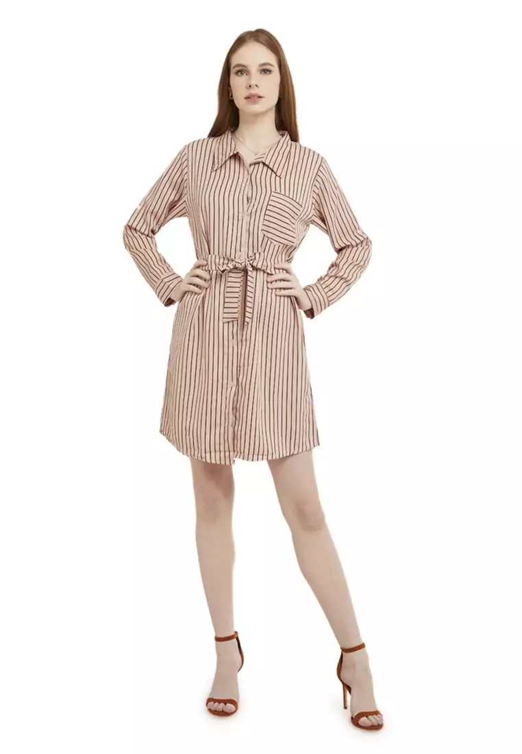 Tunik Salur Self Tie Belt Baju Wanita Lengan Panjang Garis Regular Fit - Mocca