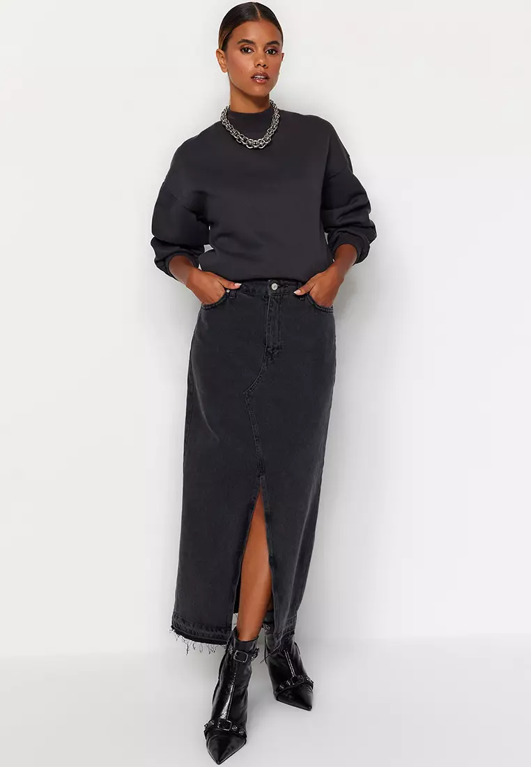 Maxi Denim Skirt with Slit Detail