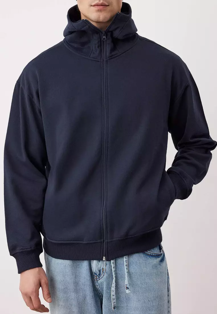 Navy Blue Oversize/Wide Cut Zippered Warm Hooded Sweatshirt-Cardigan