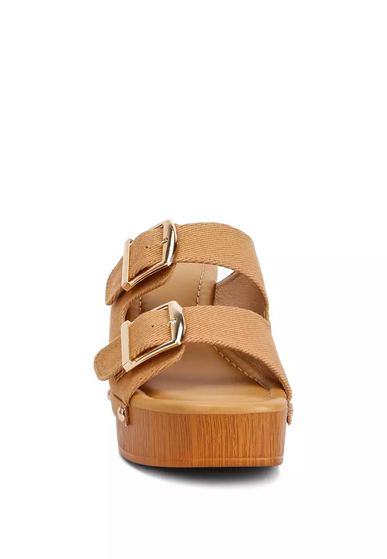 Tan Buckle Straps High Block Heel Clogs