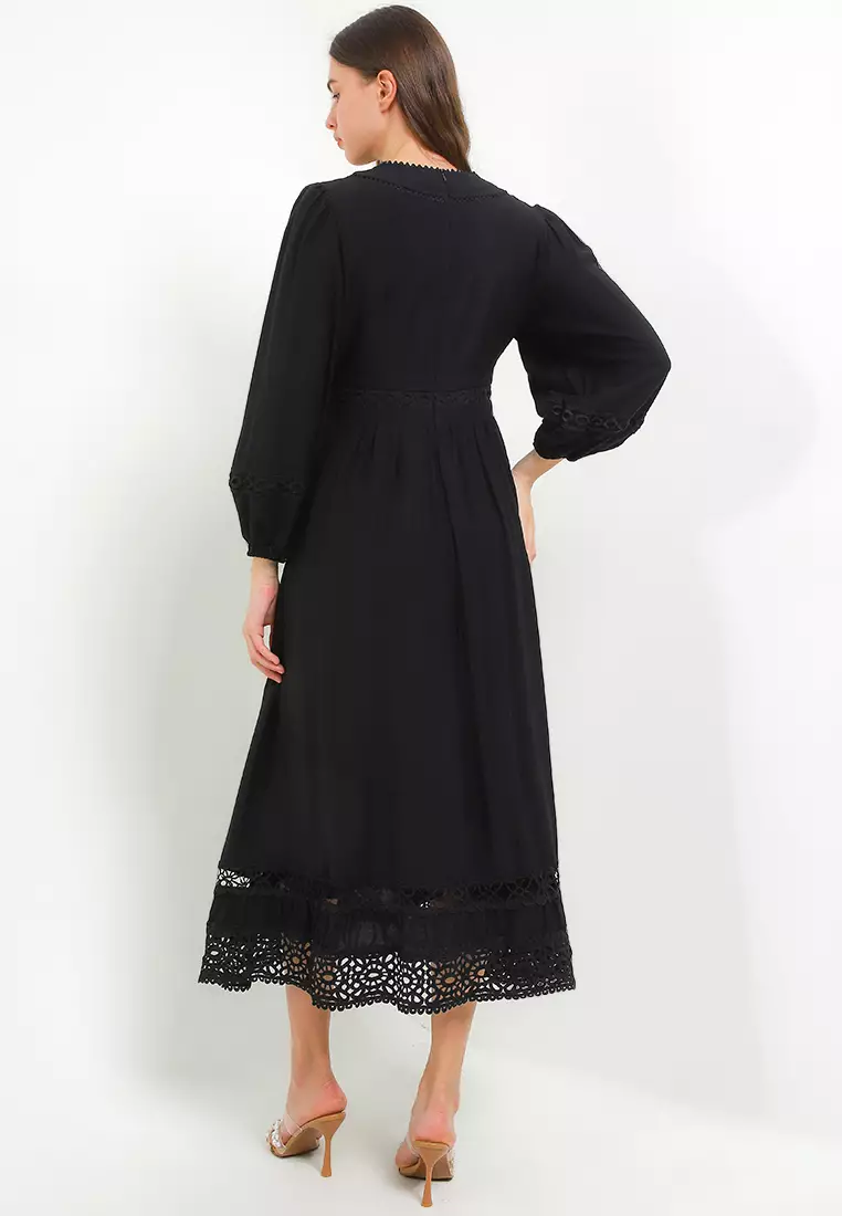 L/S Lace Trimmed Tier Maxi Dress