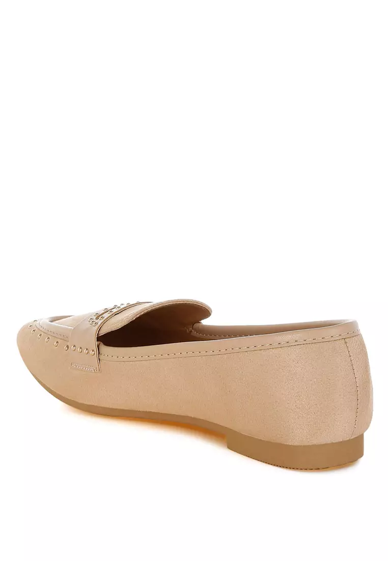 Penny Strap Studded Loafers In Beige