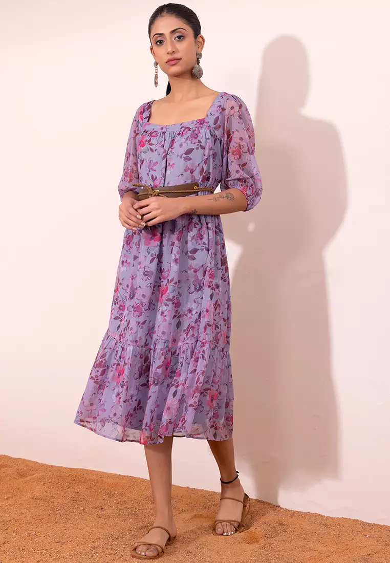 FabAlley Lilac Floral Puff Sleeve Tiered Maxi Dress With Tan Belt