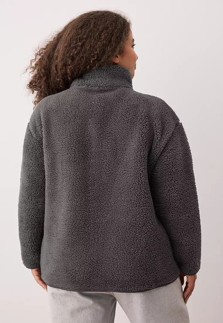 Winter Essentials Anthracite Thick Fleece Zippered Stand Collar Pocket Knitted Sweatshirt Tbbaw26Ao00022