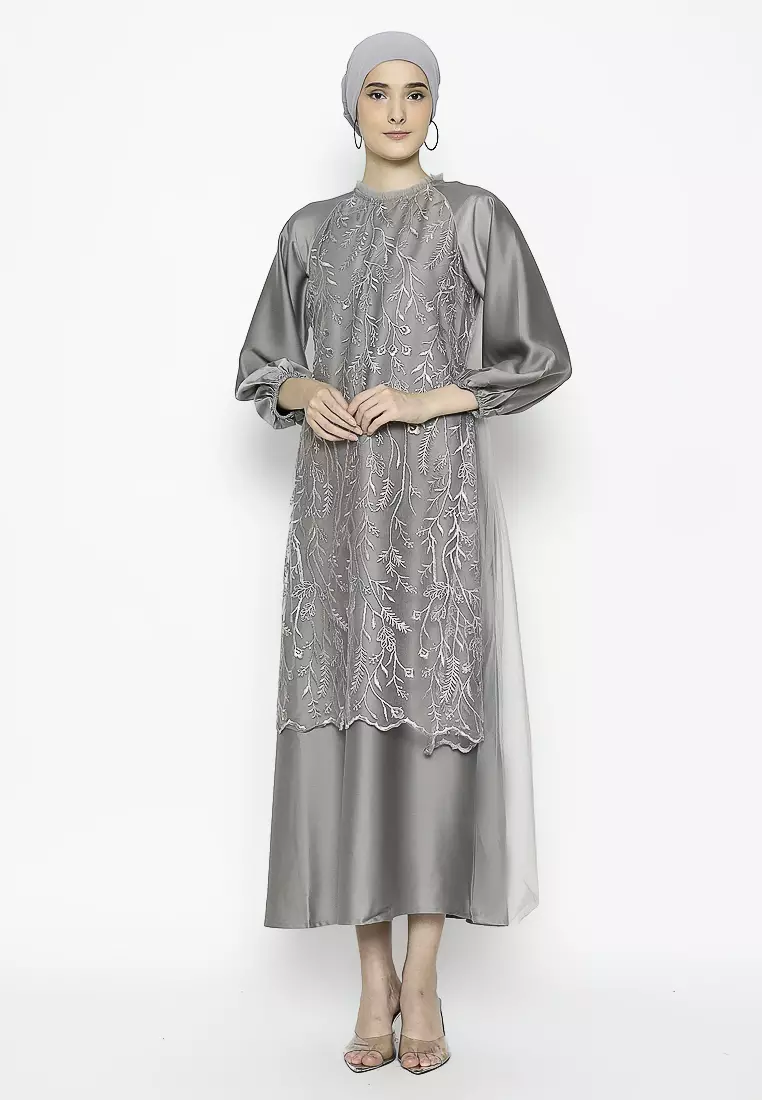 Urban Exchange Rose Gamis Grey - Long Dress Gamis Lebaran Grey Warna Grey