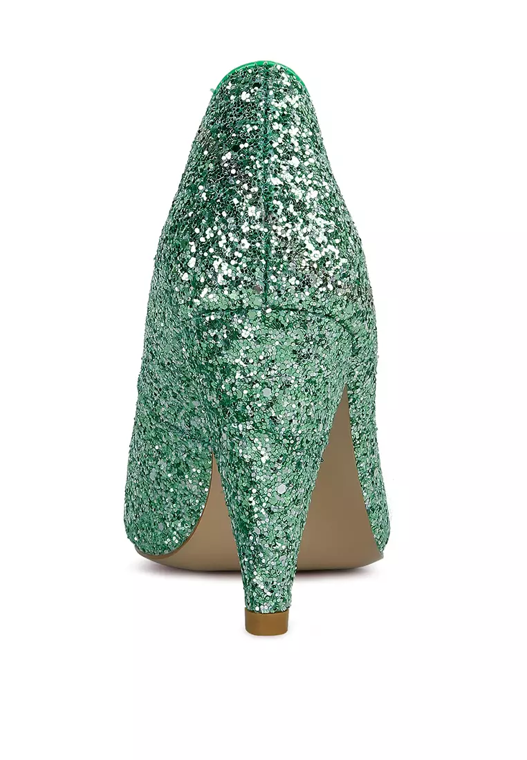 Green Glitter Conical Heel Pumps