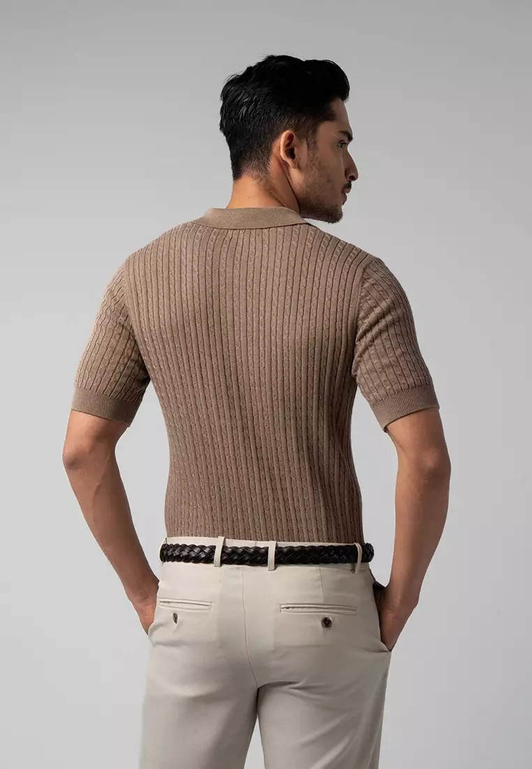 Mens Cable Knit Cotton Polo Light Brown