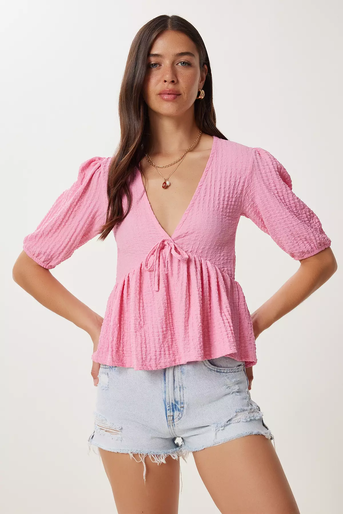 Women's Pink Textured Flounced Stretchy Crinkle Knitted Blouse Zv00338