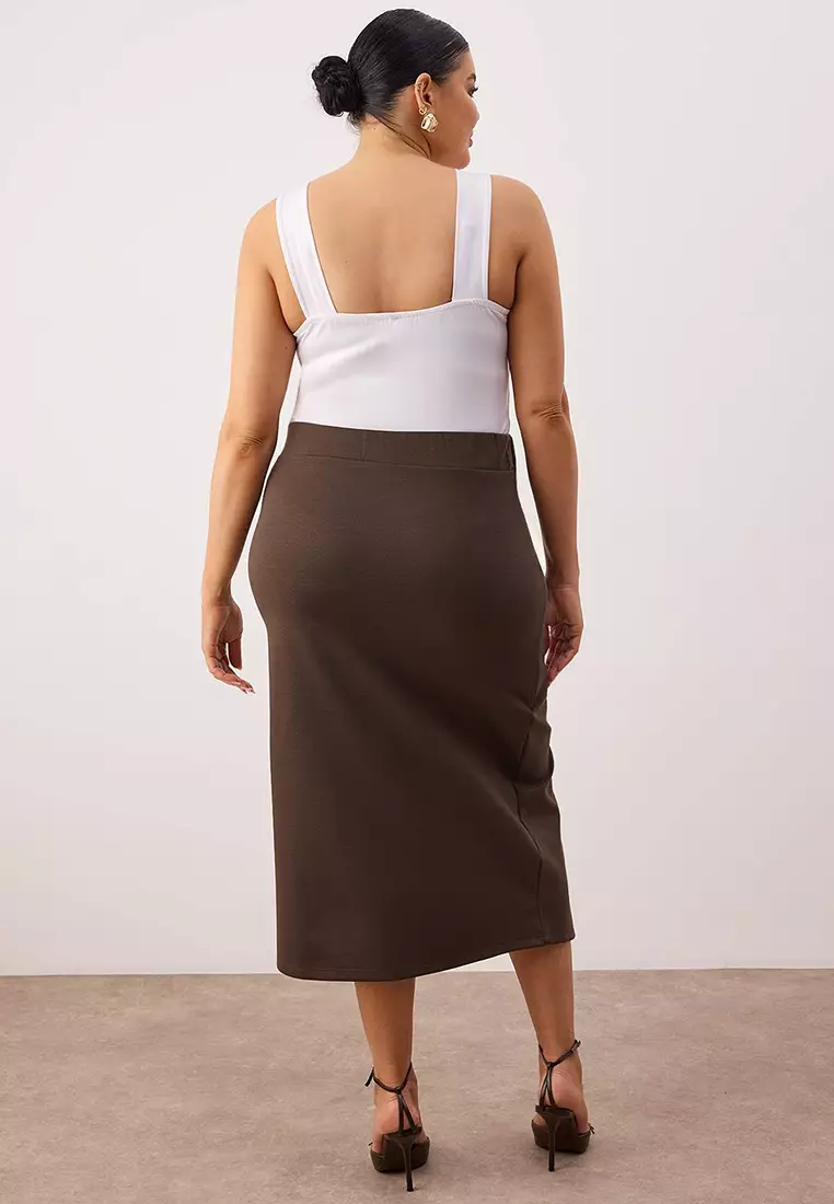 Brown Slit Detailed Knitted Stretch Fabric Plus Size Midi Skirt Tbbaw26Az00023