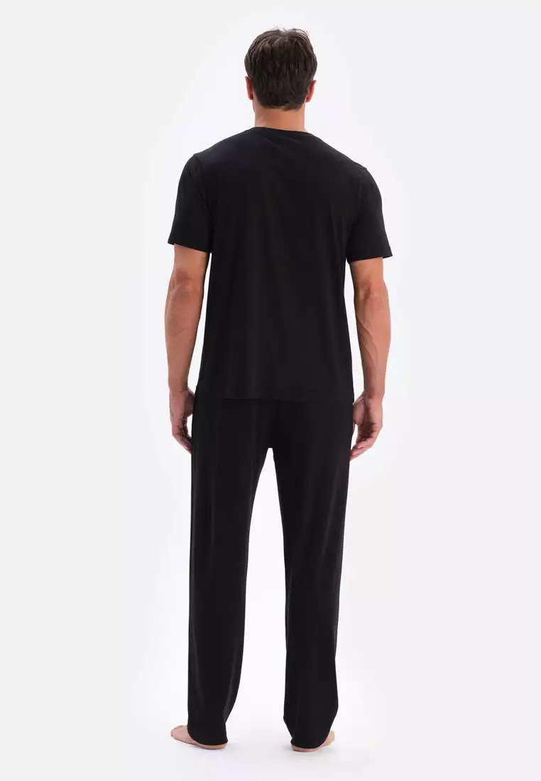 Black T-Shirt & Trousers & Shorts Knitwear Set, Crew Neck, Regular, Long Leg, Short Sleeve Sleepwear for Men