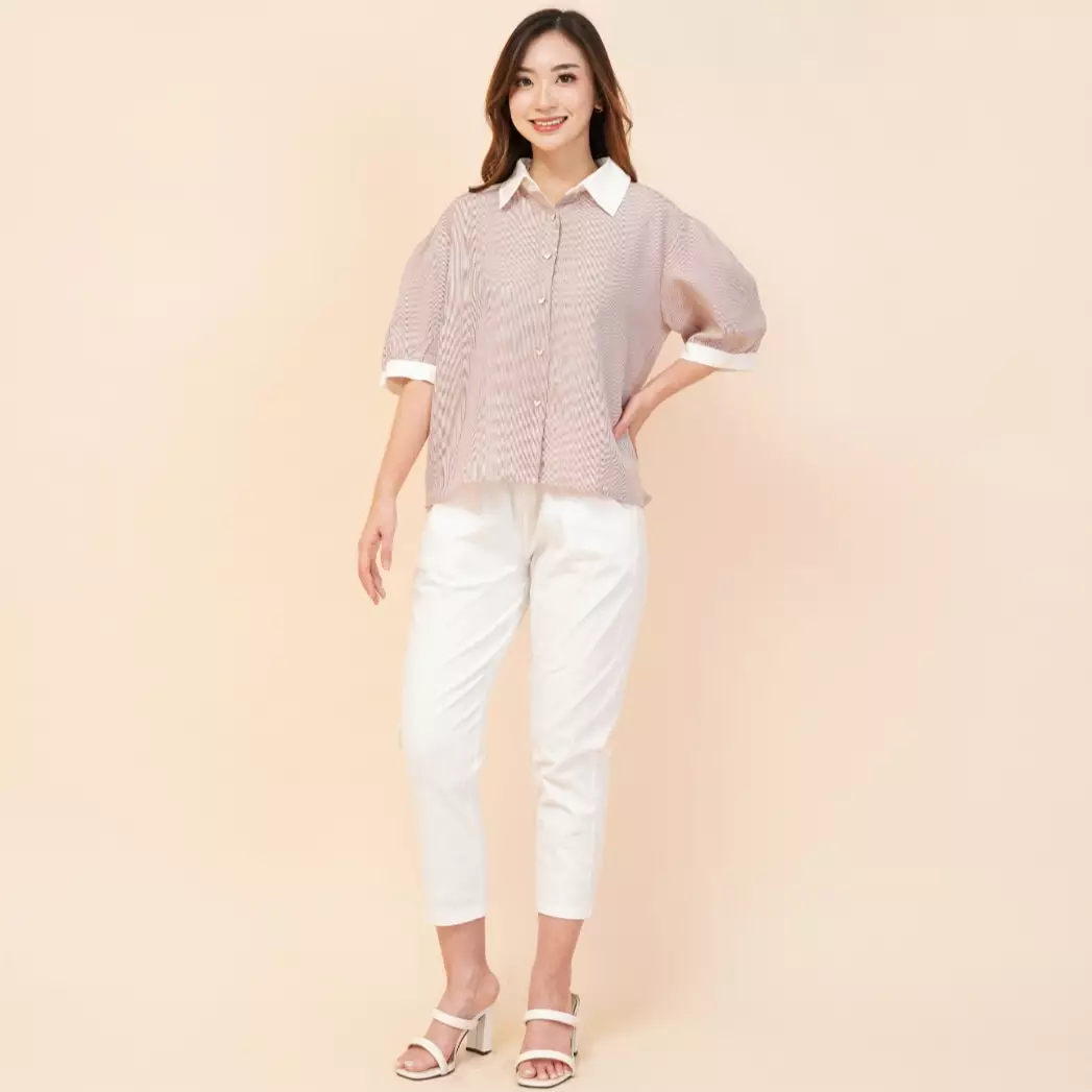 Stacie Solid Collar Stripe Shirt Love Button in Brown