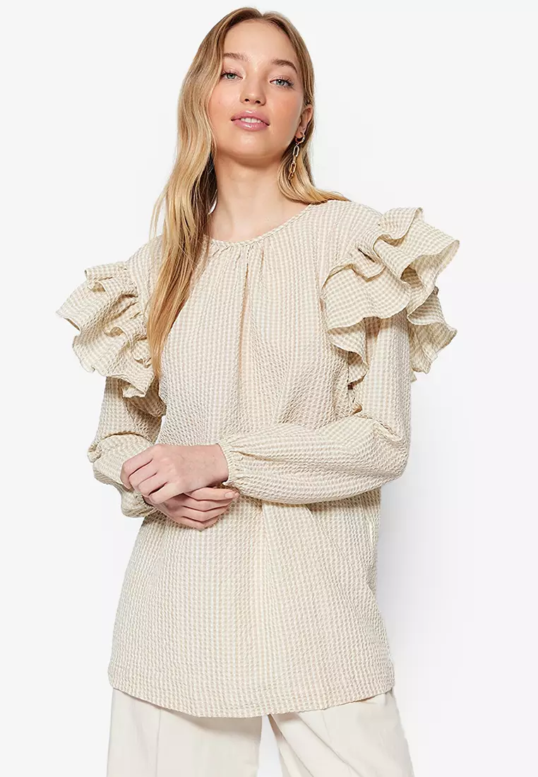 Jual Trendyol Ruffle Plaid Top Original 2023 | ZALORA Indonesia ®