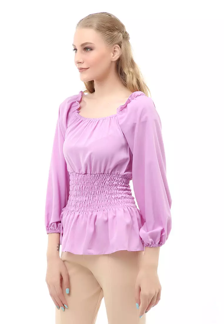 Cheva Blouse Atasan Wanita Sabrina Karet Pinggang Lengan Panjang Casual Shirt Long Sleeve Material Wolfis ORIGINAL - Purple