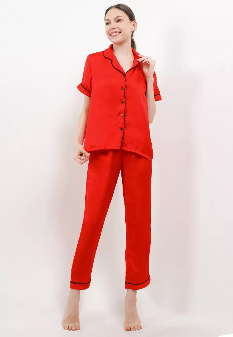 Piyama Pijama Baju Tidur Satin Silk Short Sleeve Long Pants Merah Sleepwear