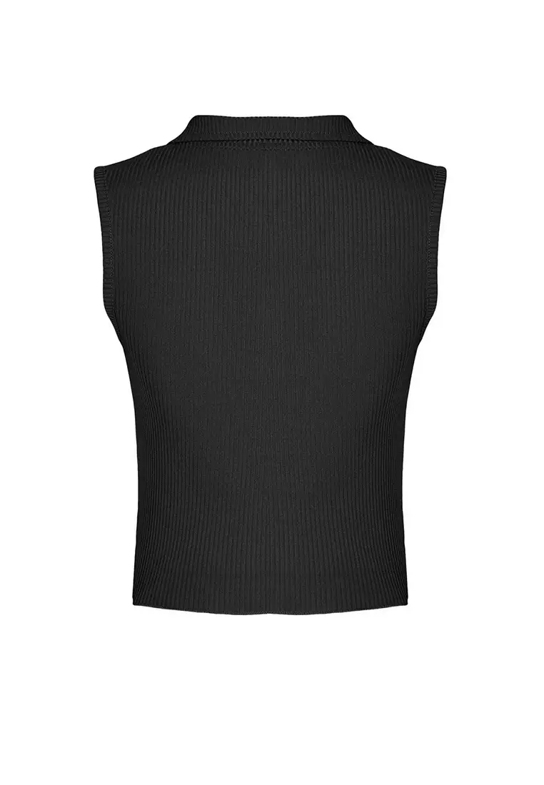 Fitted Polo Collar Crop Flexible Knitted Blouse
