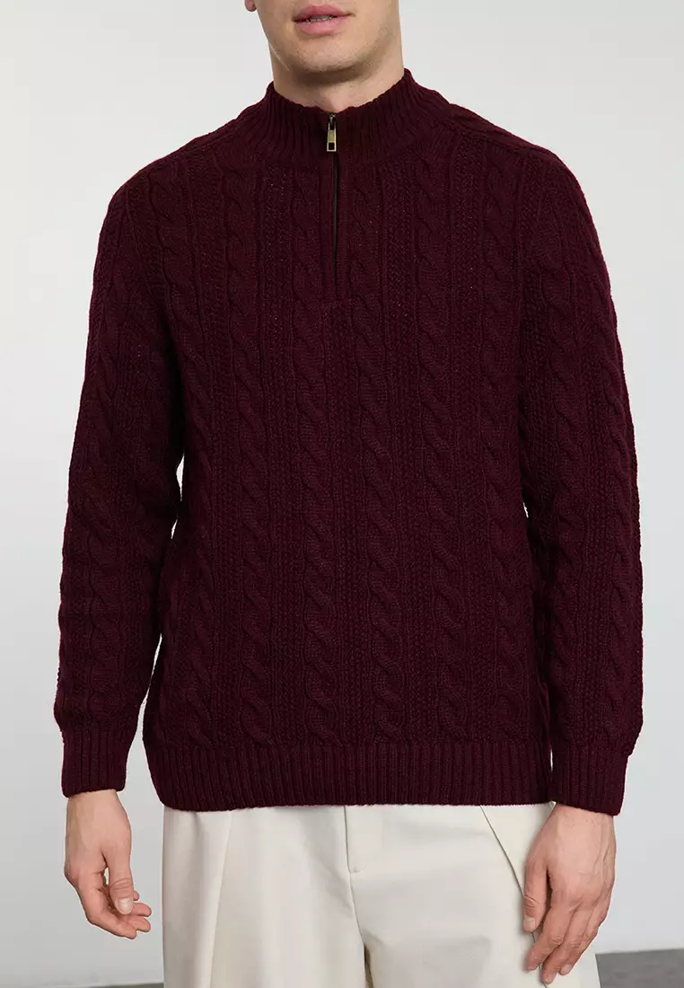 Claret Red Unisex Regular Fit Zippered Half Turtleneck Knit Sweater TMNAW21KZ0737
