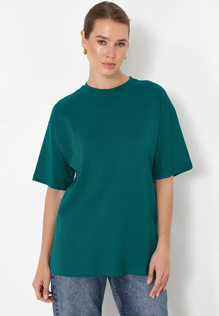 Emerald Green Oversize/Wide Fit Crew Neck Knitted T-Shirt