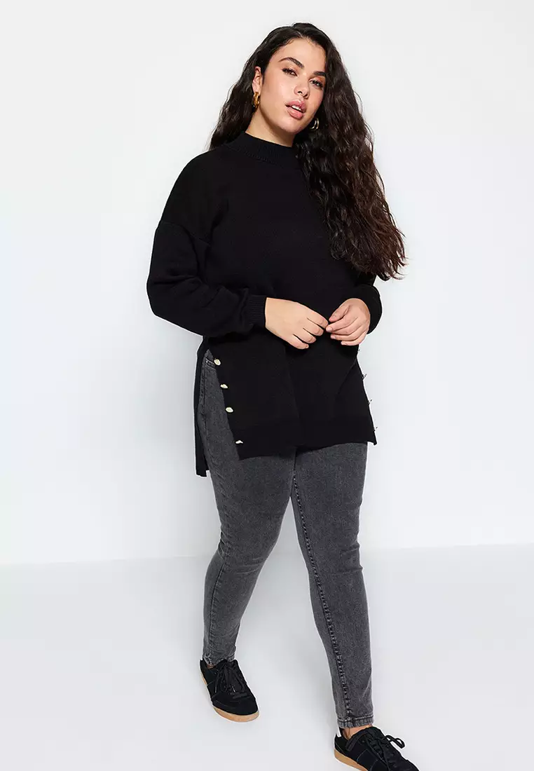Black Button Detailed Turtleneck Knitwear Sweater Tbbaw24An00076