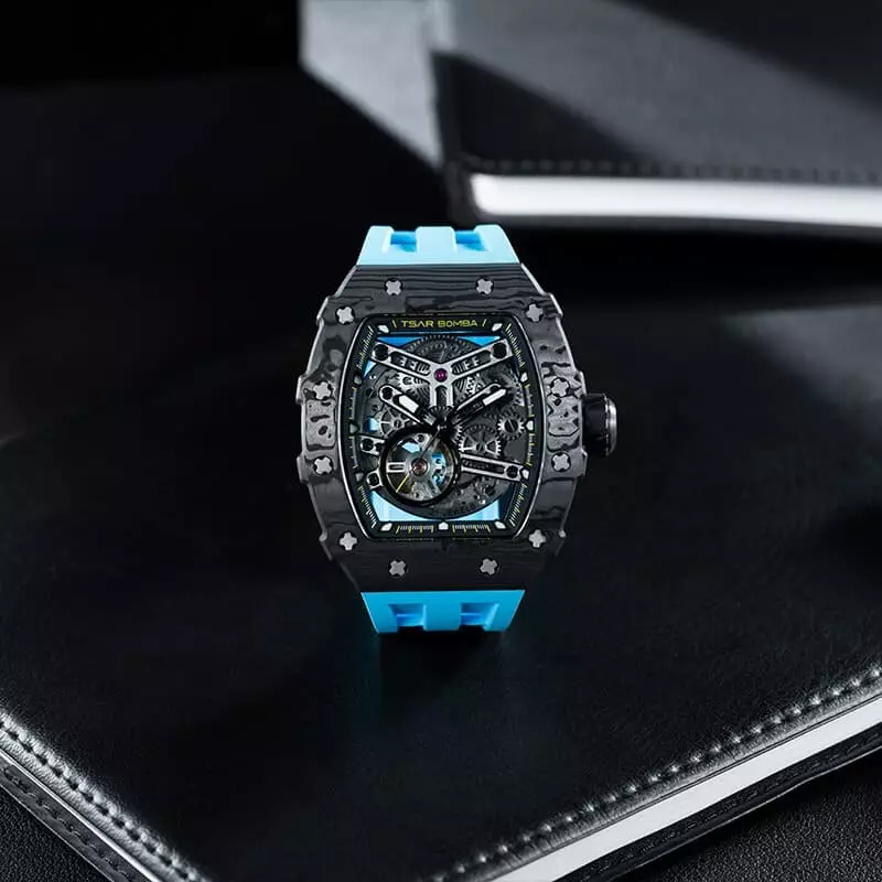 Jam Tangan Pria Tsar Bomba Elemental TB8208CF-11 Carbon Fiber Automatic Skeleton Dial Light Blue Rubber Strap