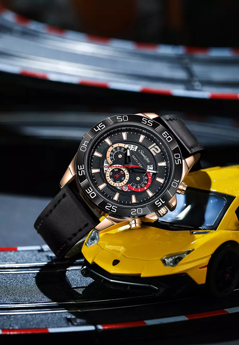 Jam Tangan Pria 9191 Original Kalendar Tali Kulit Anti Air Bercahaya Kuarsa Jam Tangan Cowok  allblack