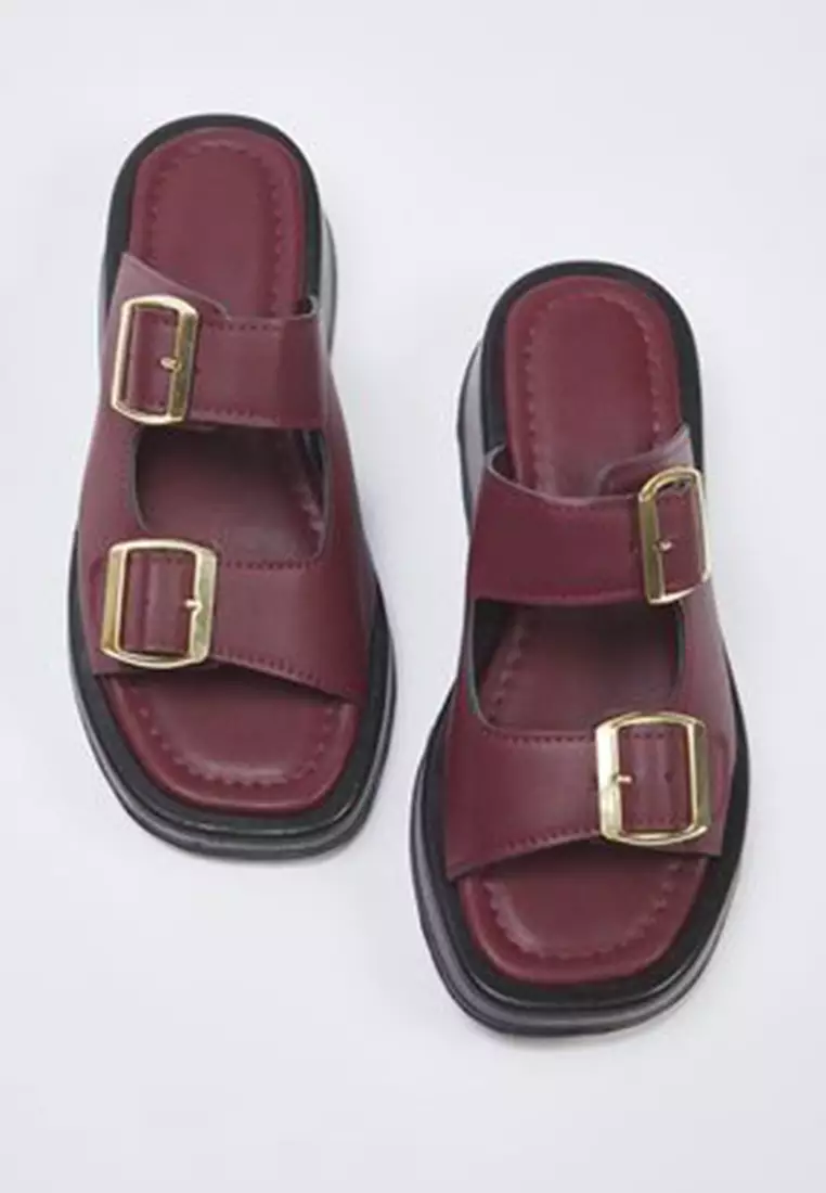 Burgundy Double Banded Buckle Detailed Thick Sole Women's Slippers Takss25Te00044